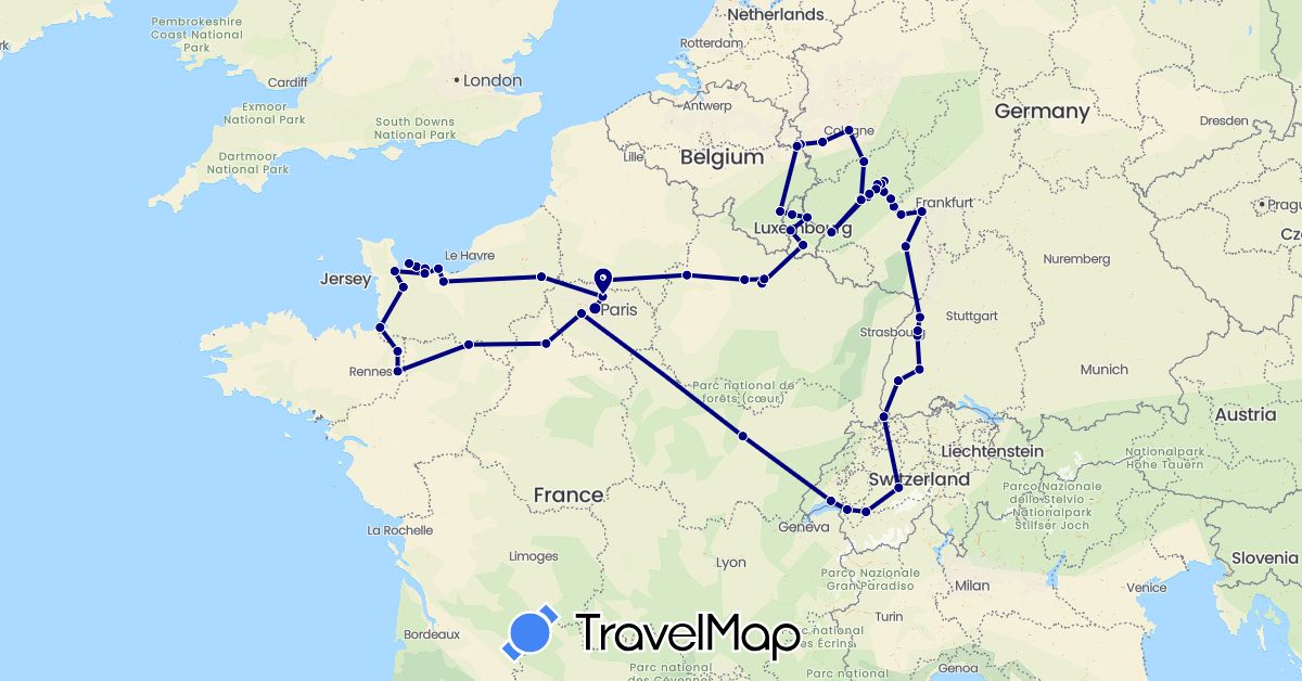 TravelMap itinerary: driving in Belgium, Switzerland, Germany, France, Luxembourg, Netherlands (Europe)